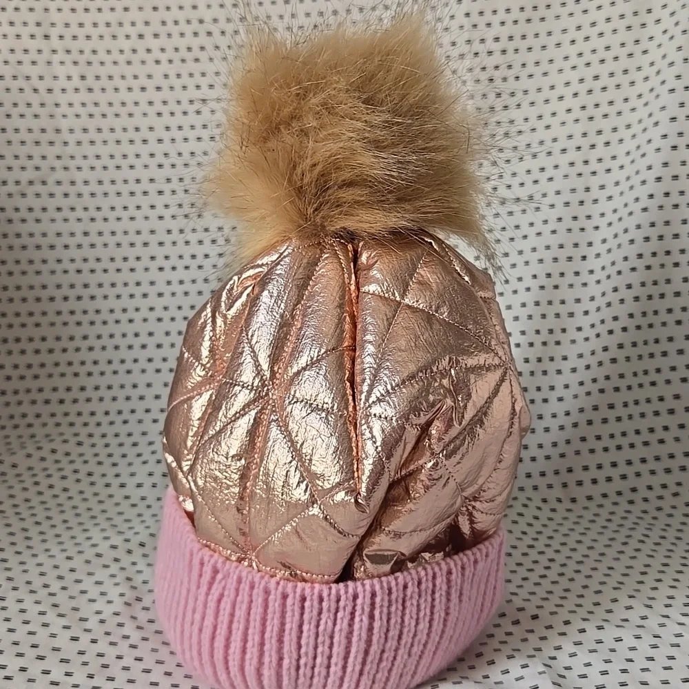 Pink and Gold Quilted Pom-Pom Hat